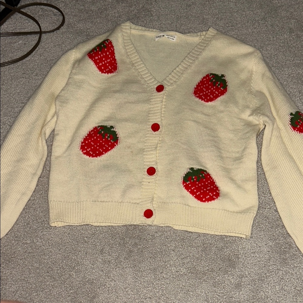 Strawberry Patterned Cream Sweater- SHEIN